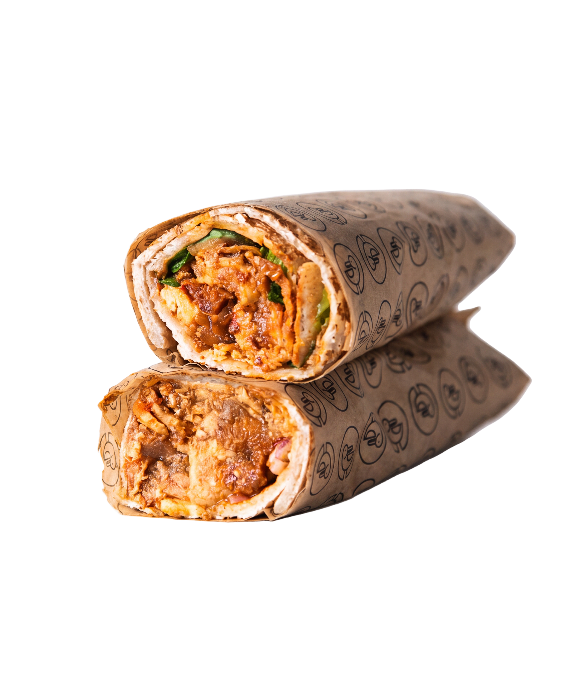 Wrap de shawarma de pollo cortado por la mitad